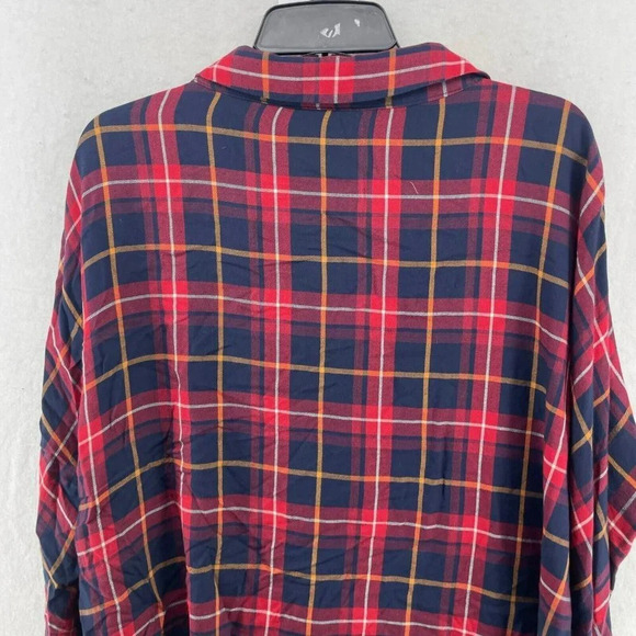 Zara Button-Up Shirt Women's Sz M Red Blue Plaid V-Neck Collared Relaxed Fit - Picture 8 of 12